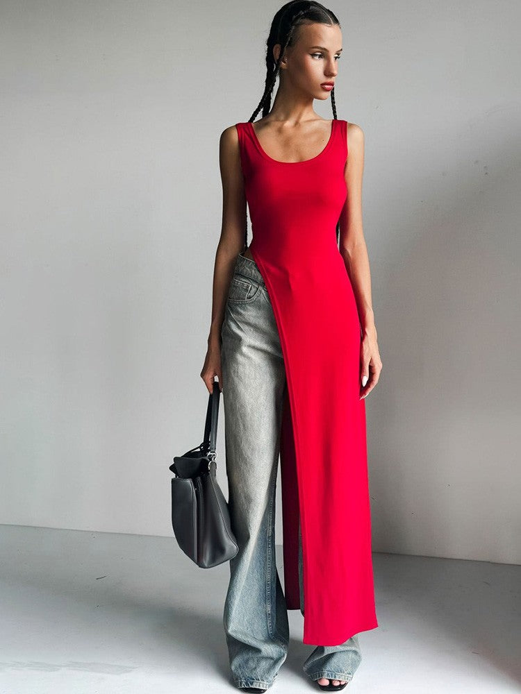 2025 Sexy Sleeveless Side High Split Dress Solid Backless Women Midi Dresses Sum