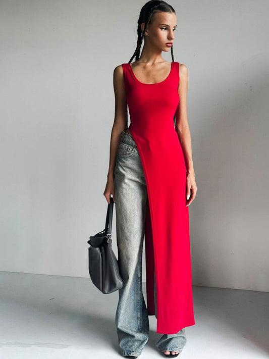 2025 Sexy Sleeveless Side High Split Dress Solid Backless Women Midi Dresses Sum
