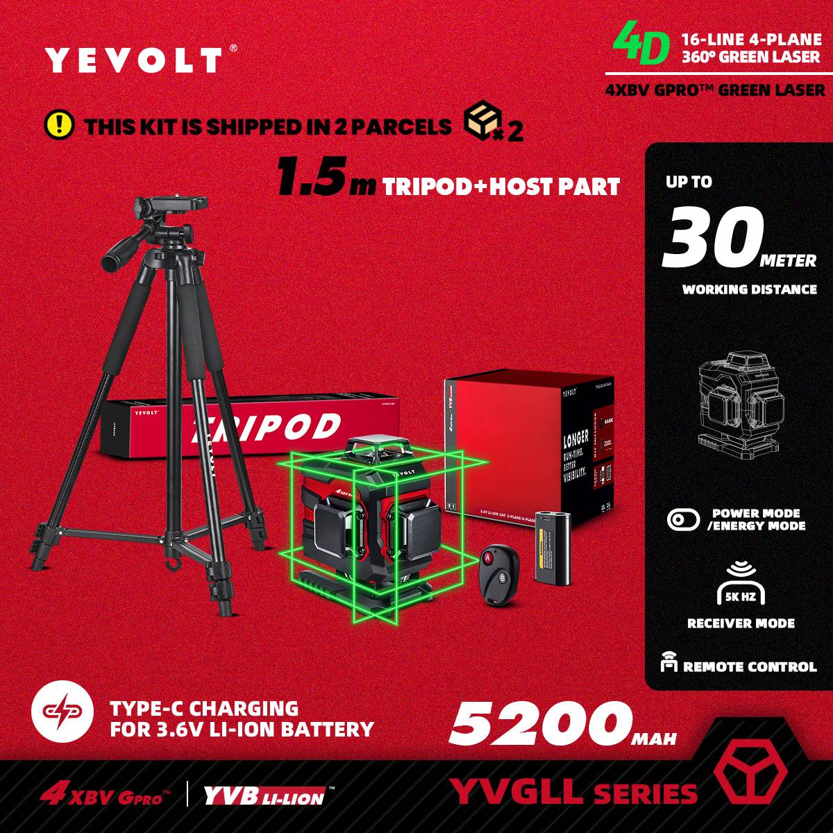 Nível a Laser Verde YEVOLT YVGLL4XS16 Series 4 Planos 16 Linhas Autonivelante 360 3D Ferramentas de Medição de Potência Horizontal e Vertical