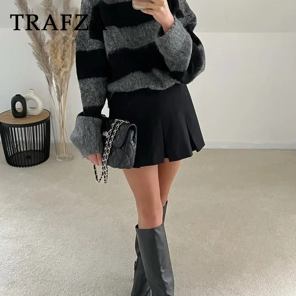 TRAFZA 2025 Spring Summer Women Casual Tierred Mini Skirts Fashion Vintage Solid