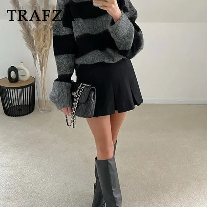 TRAFZA 2025 Spring Summer Women Casual Tierred Mini Skirts Fashion Vintage Solid