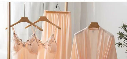 Women's Ice Silk Nightgown Set - Spring/Fall Long-Sleeve Robe Sexy Pure Desire Style with Padded Strapless Nightdress and Pants