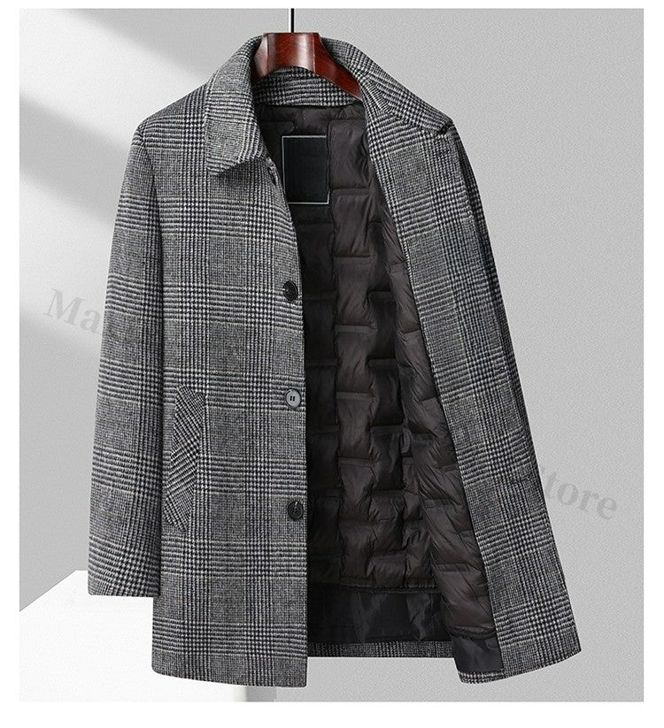 Maxbarley Winter Down Coat Lightw Luxurious Detachable Lining Working Cold Proof Overcoat Mens Mid Length Warm Woolen Trench