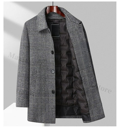 Maxbarley Winter Down Coat Lightw Luxurious Detachable Lining Working Cold Proof Overcoat Mens Mid Length Warm Woolen Trench