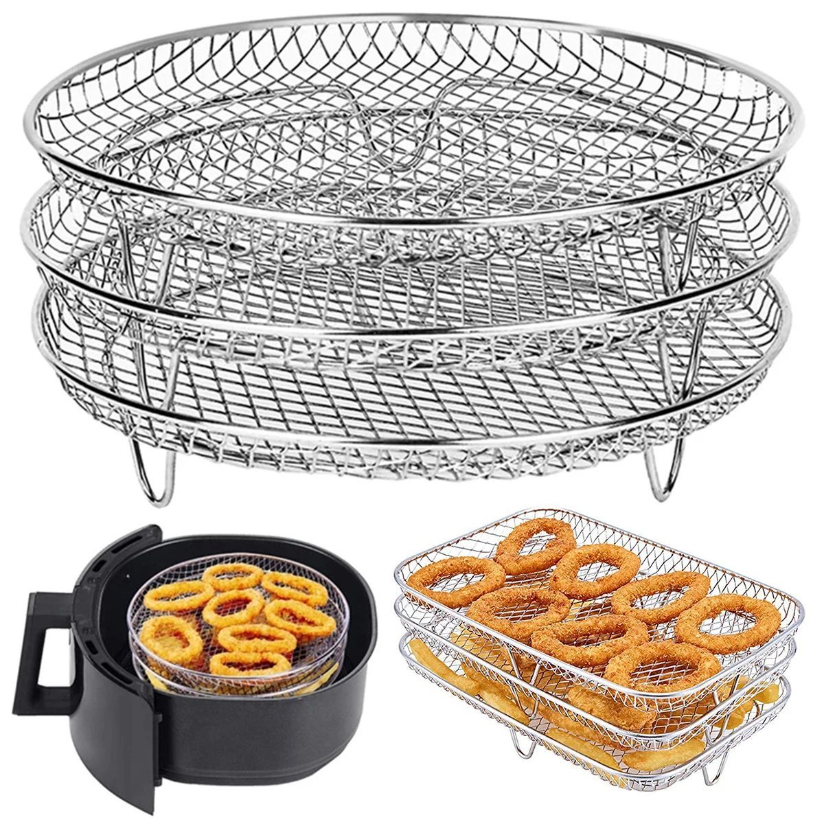 Three stackable air fryer racks made of 304 stainless steel, non stick frying pan and barbecue grill rack, kitchen cooking tools