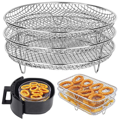 Three stackable air fryer racks made of 304 stainless steel, non stick frying pan and barbecue grill rack, kitchen cooking tools
