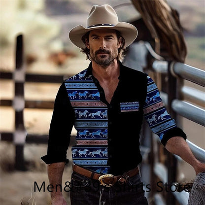 Vintage Men's Shirt 3D Printing Western Cowboy Shirt Casual Fashion Daily Vacation Long Sleeve Shirt Hawaiian Men's Clothing