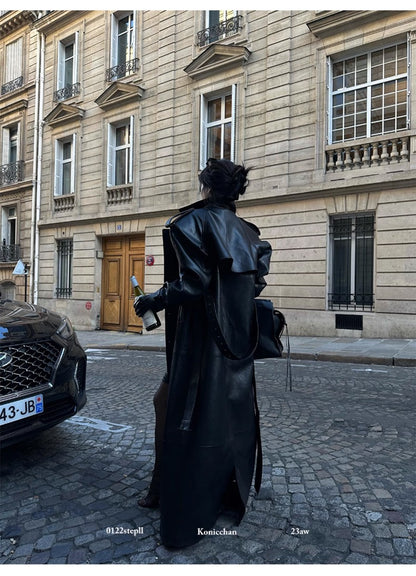 Lautaro Spring Autumn Extra Long Black Pu Leather Trench Coat for Women with Back High Slit Luxury Chic European Fashion 2024