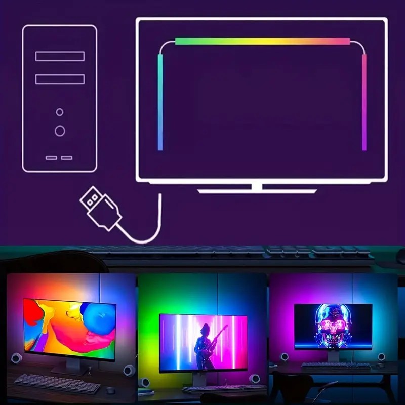LED RGBIC Backlights PC Gaming Neon Strip Synchronized 24-34inch Monitor USB Powered 5V LED Light Sync Music RGB Ambien Lighting