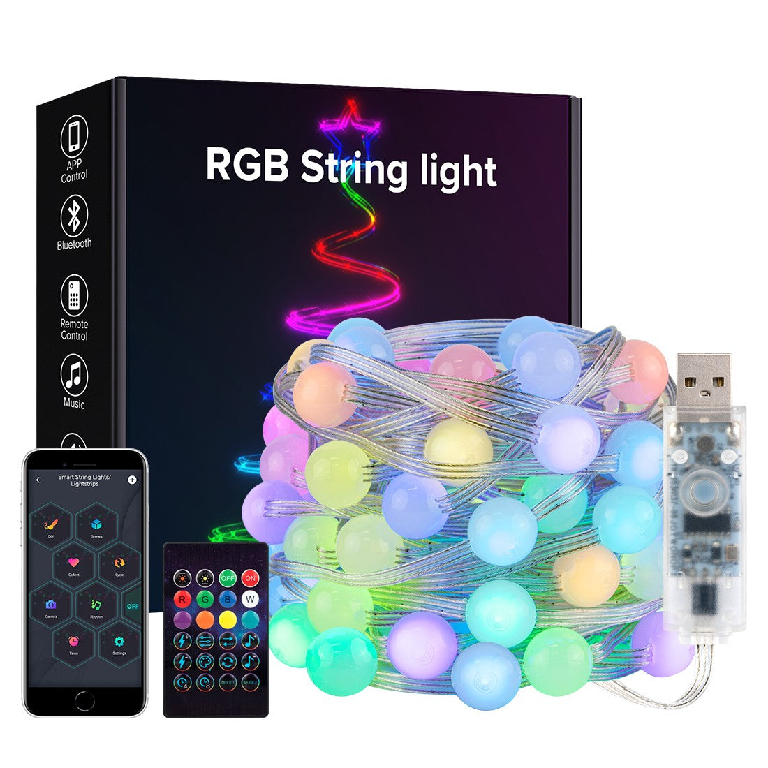 USB Christmas Lights String 5m 10m Bluetooth Music APP Remote DC5V WS2812B Party Wedding Garden Backyard Star Rugby Strawberries