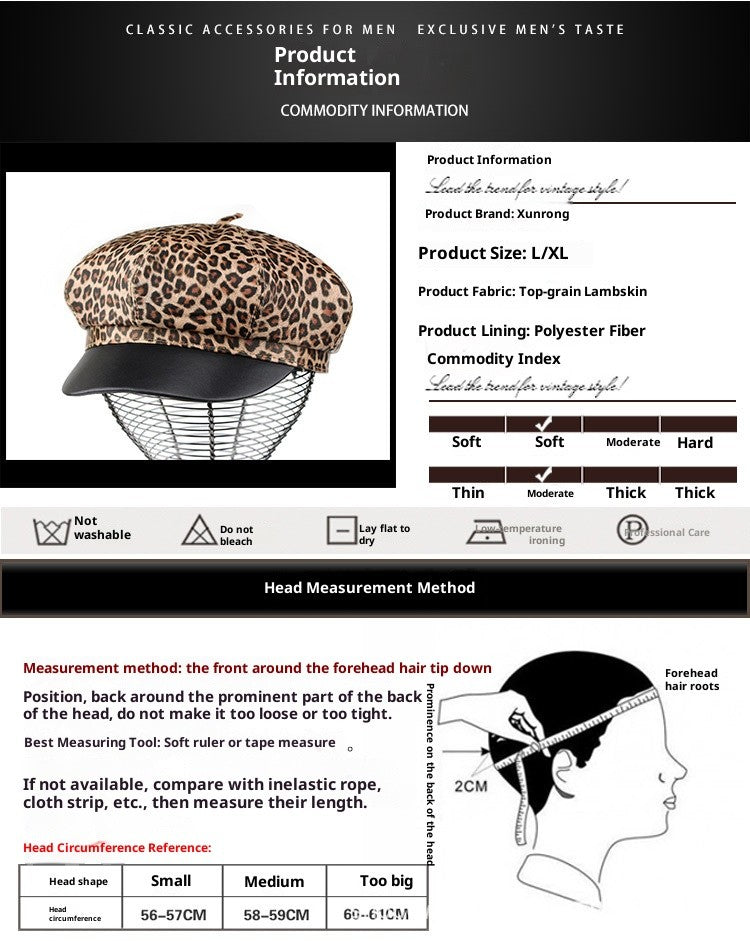 Autumn Winter Women's Genuine Sheep Leather Octagonal Beret | Leopard Print Trendy Painter Hat Celebrity Style Versatile Cap