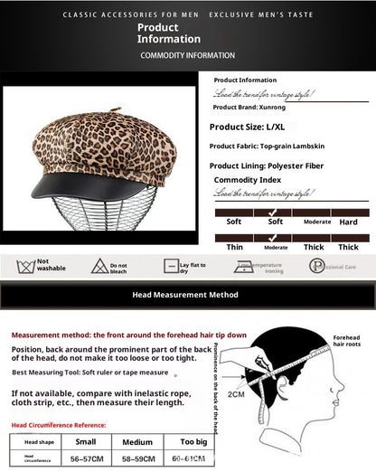 Autumn Winter Women's Genuine Sheep Leather Octagonal Beret | Leopard Print Trendy Painter Hat Celebrity Style Versatile Cap