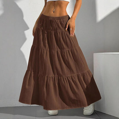 Summer Women White Long Skirt Solid Basic Lace Up Bow Low-Waisted Big Swing Skirts Female Street Casual Loose Spliced Maxi Dress