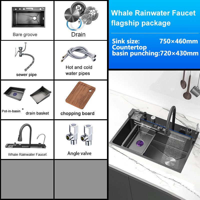 Stainless Steel Waterfall Kitchen Sink Digital Display Faucet Set Embossed Extra Large Single Slot Multiple Types of sinks