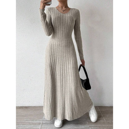 2025 Fashionable Knitted Long Sleeve A- Line Streetwear Dress For Women Smooths And Slims Your Silhouette Solid Color Long Dress