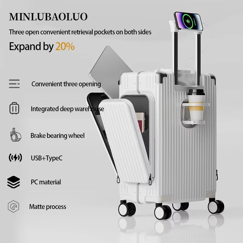 Tri-Zone Access Opening Suitcase Aluminum Frame PC Material Travel Case with Spinner Wheels Cup Holder TSA Lock Rolling Luggage