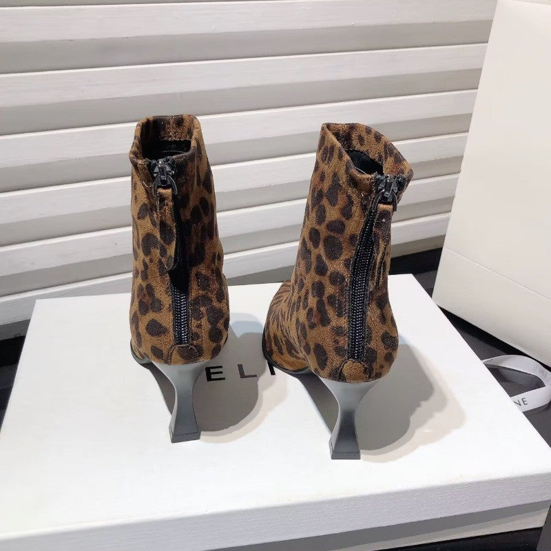 Autumn Women's High Heel Leopard Print Ankle Boots New Winter Pointed Head Thin Heel Chelsea Boots for Shoes Dress D503