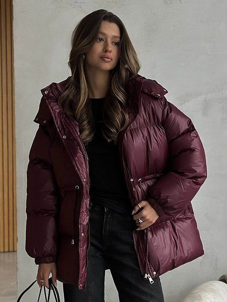 Chic Hooded Cotton Padded Jackets For Women Y2K Single Breasted Zipper Drawstring Coats 2026 Winter Pocket Long Sleeve Outerwear