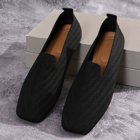 2025 Solid Color Square Toe Mesh Loafers Shallow Women Flats Shoes Soft Bottom Knit Ballet Flats Shoes Casual Slip on Shoes