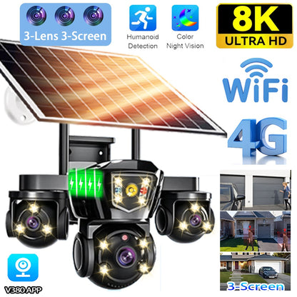 V380 Pro WiFi Wireless Solar Camera 4G Sim Card Three Screen Outdoor Solaire CCTV Three Lens Battery 360 Solar Security Cameras