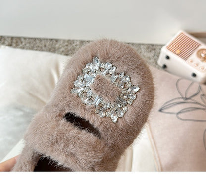 2025 Autumn Winter Children Warm Fur Shoes Fashion Rhinestone Moccasins Flats Outwear Girls Shoes Khaki, Beige, White