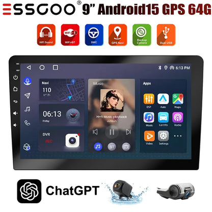 Rádio Estéreo Automotivo de 7/9/10 Polegadas Duplo 2 Din 4+64G Android 15 ChatGpt AI WIFI GPS Navegação FM/RDS Bluetooth SWC Unidade Principal+DVR&AHD