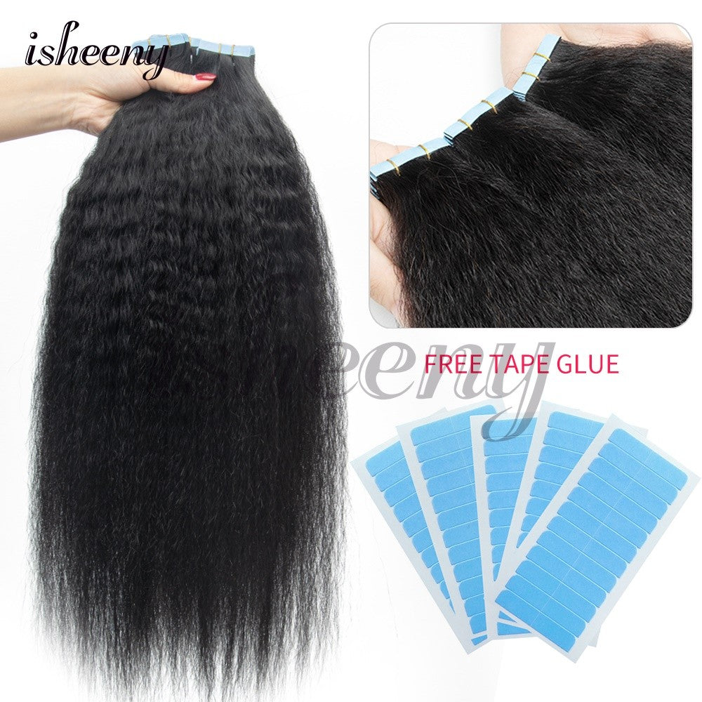 Apliques de Cabelo Humano Kinky Straight com Fita Invisível 12"-20" Preto Natural Cabelo Remy Verdadeiro com Fita Fácil de Usar para Mulheres