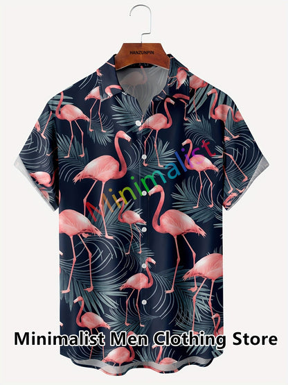 2023 Leaf and Flamingo Print Shirt For Men Hawaiian Shirt Casual Beach Short Sleeve Fashion Tops Male Blouse Summer Clothing