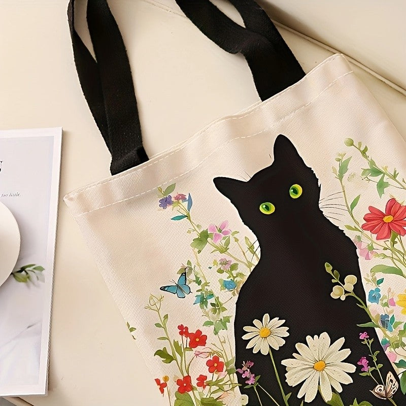 A Casual Tote Bag with a Cat And Flower Pattern, This Reusable Shoulder Shopping Bag