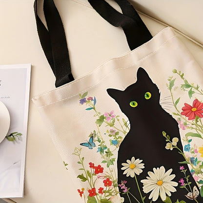A Casual Tote Bag with a Cat And Flower Pattern, This Reusable Shoulder Shopping Bag