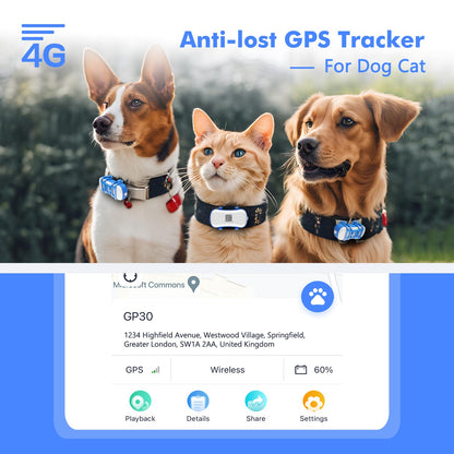 Rastreador GPS 4G para Cães e Gatos - Localizador Inteligente à Prova d'Água com Aplicativo, Rastreamento em Tempo Real e Busca por Luz/Som com Assinatura