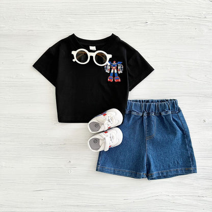 2025 Summer New Baby Clothes Infant Robot Embroidery Top+Bottom Set Baby Boys Girls Casual Baby Set Newborn Baby Clothes 2Pcs