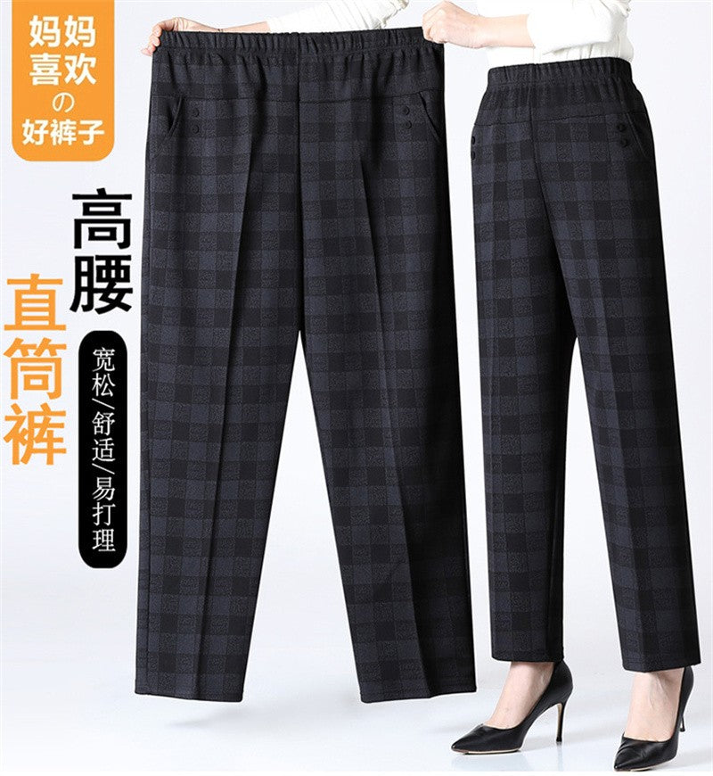 6XL 7XL 8XL Middle-aged Elderly Women's Trousers Spring Autumn Elastic High Waist Straight Pants Mother Winter Warm Fleece Pants