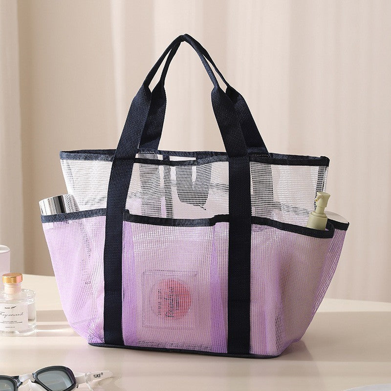 Multi Pocket Mesh Beach Bag Fitness Sports Storage Bag Seaside Swimsuit Bag Large Capacity Tote Bag Portable Toiletry Organizer