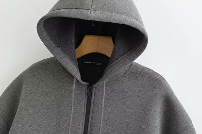 Autumn Women Gray Jacket with Hood Long Sleeve Big Pocket Zipper Jacket Coat Woman Loose Casual Outerwear Coat Tops