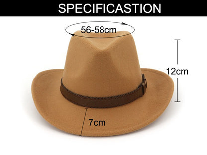 QBHAT Wide Brim Wool Felt Cowboy Fedora Hats with Dark Brown Leather Band Women Men Classic Party Formal Cap Hat Wholesale