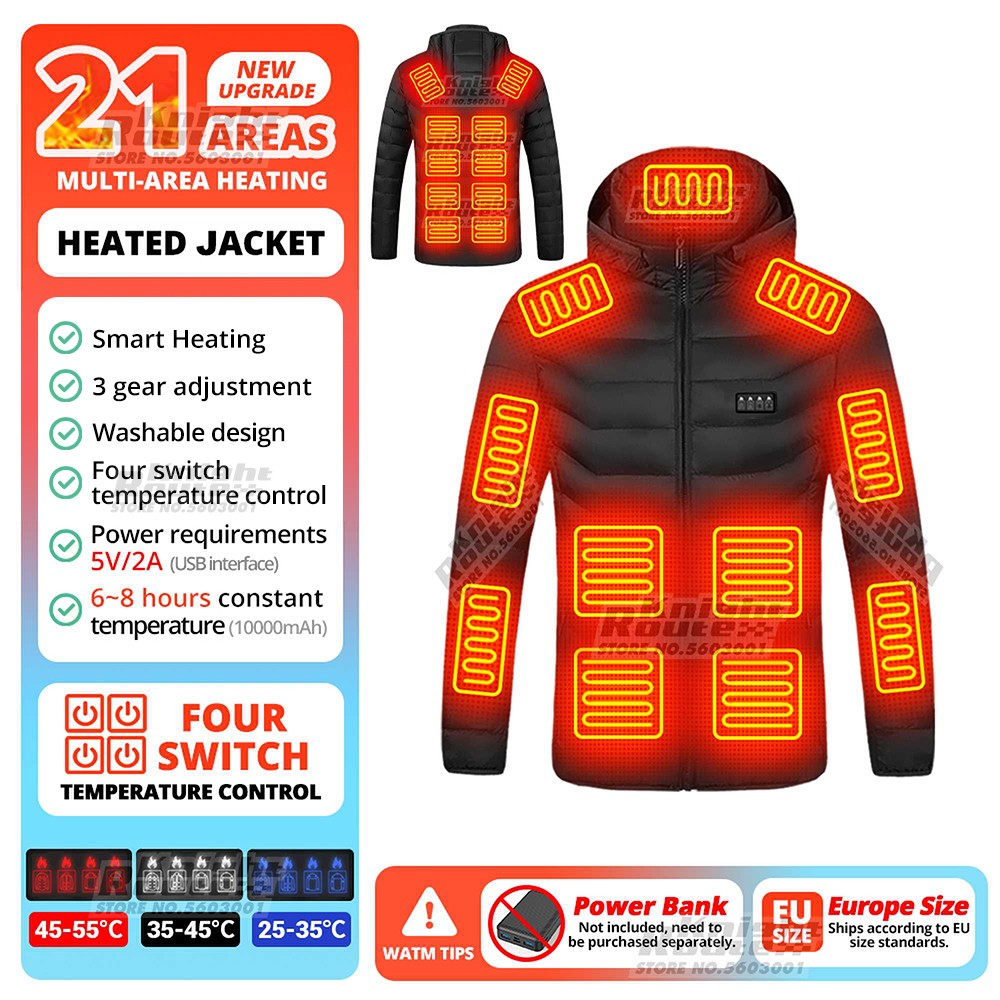 Jaqueta de Inverno Masculina Feminina com Aquecimento em 21 Áreas para Motoqueiros, Jaqueta USB com Aquecimento Elétrico, Colete Térmico para Moto, Casaco