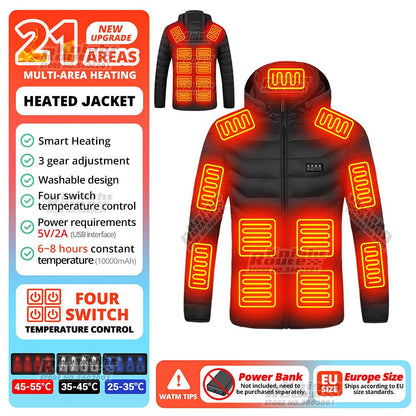 Jaqueta de Inverno Masculina Feminina com Aquecimento em 21 Áreas para Motoqueiros, Jaqueta USB com Aquecimento Elétrico, Colete Térmico para Moto, Casaco