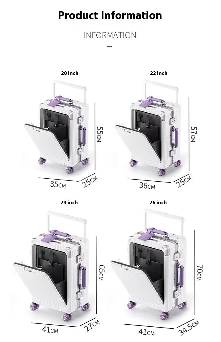 Front Opening Luggage High Quality PC Aluminium Frame Suitcase Wide Handle Carry on Travel Luggage With Laptop USB Charger Port