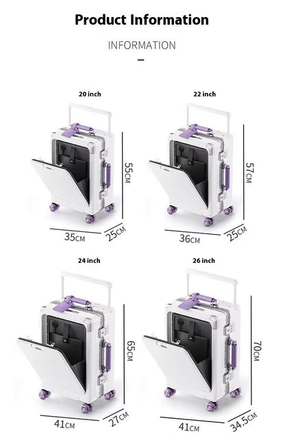 Front Opening Luggage High Quality PC Aluminium Frame Suitcase Wide Handle Carry on Travel Luggage With Laptop USB Charger Port