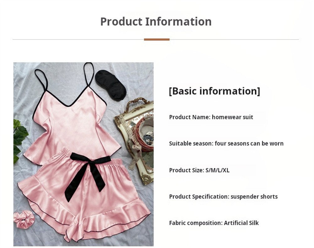 Women's Smooth Satin Pajamas V-Neck Top Ruffled Edges and Bow Shorts Simple and Breathable Pajama Set Sling Home Clothing