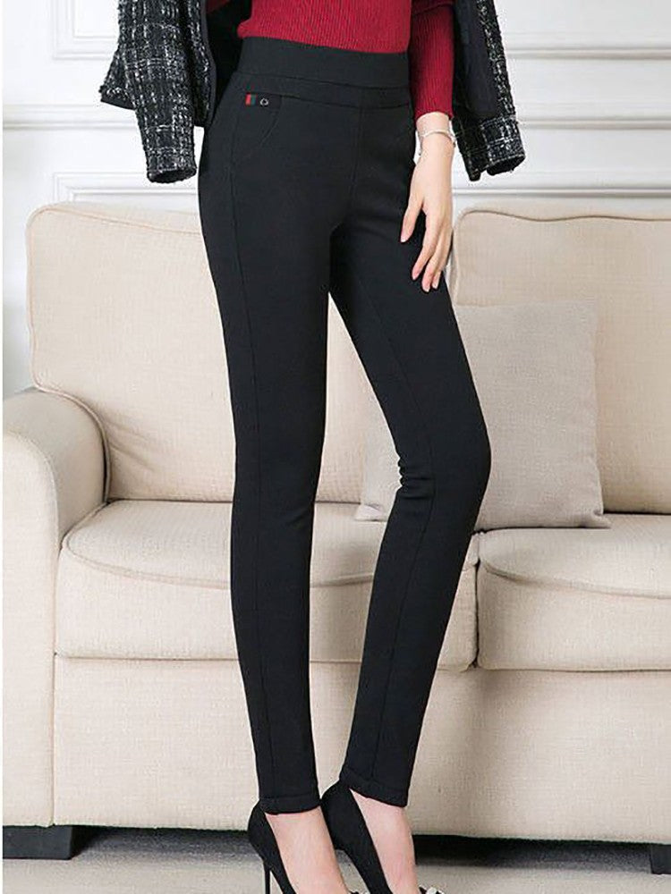 Trousers Fleece Thin Black Formal Woman Clothes Pant Autumn Winter Slim Femal Clothing Elastic Basics Pencil Pants Office Lady