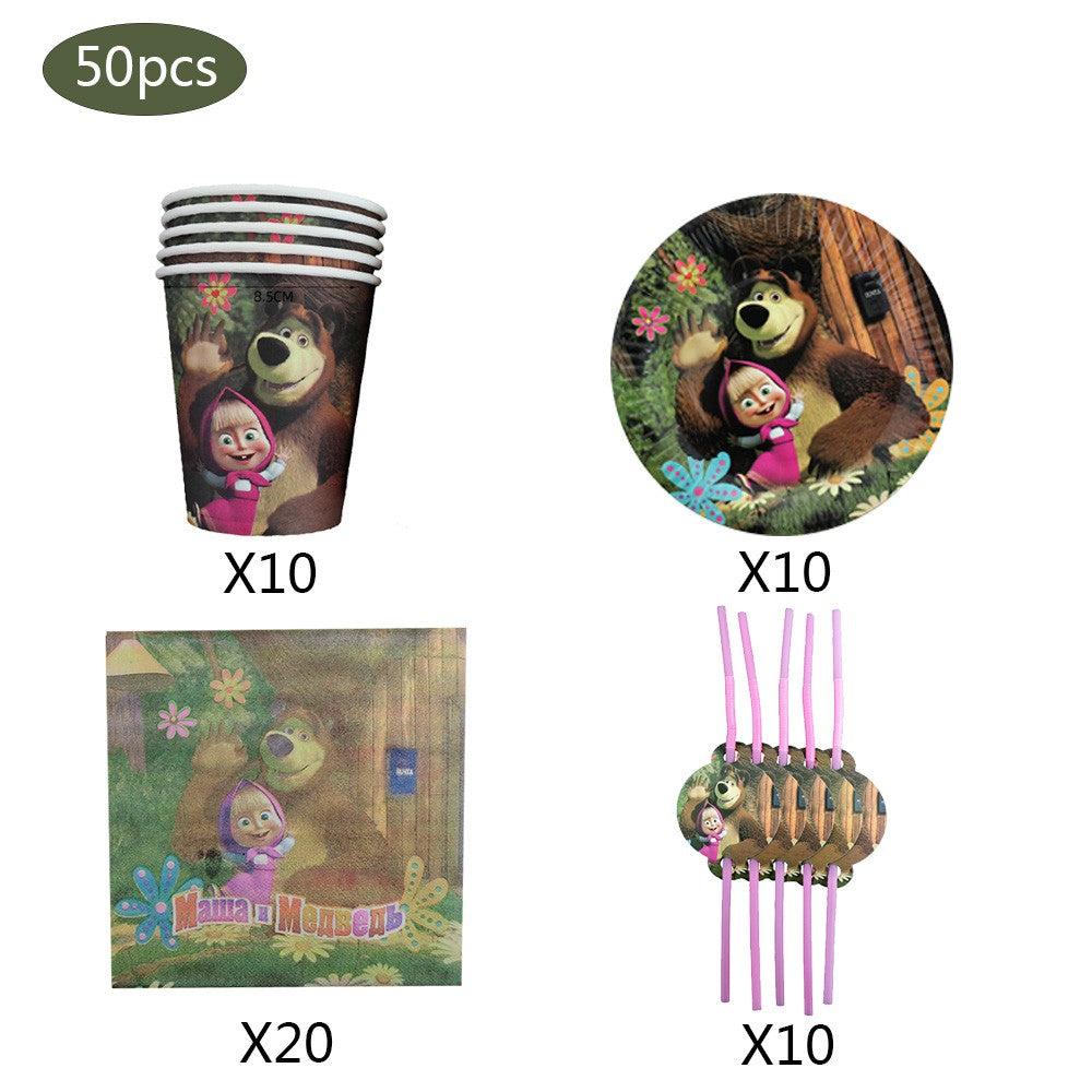 Masha and The Bear Theme Birthday Party Supplies Girls Masha Tableware Set Balloons Plates Cups for Kids Party Baby Shower Decor
