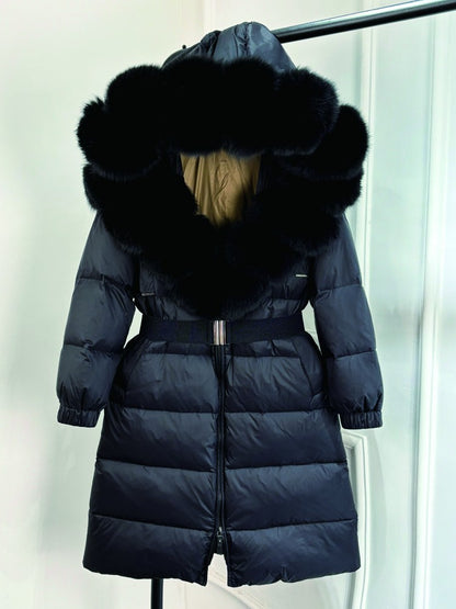 Janveny New Natural Thick Warm 90% White Duck Down Coat Long Winter Jacket Women Real Big Fox Fur Collar Belt Loose Puffer Parka