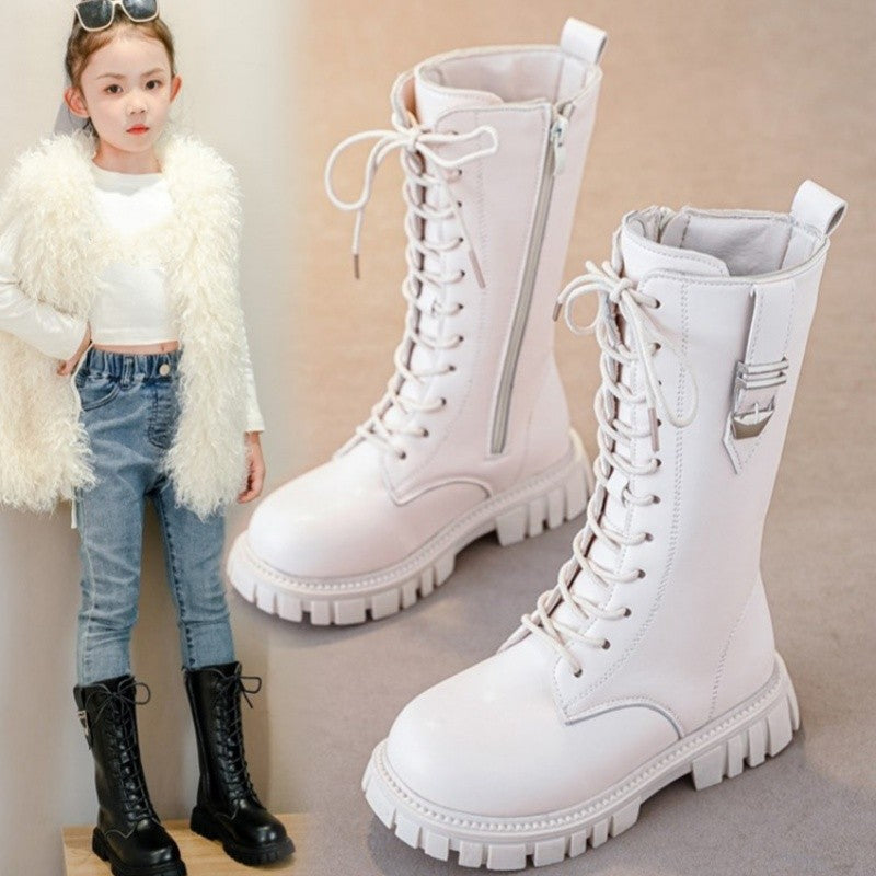 Elegant Zipper Baby Girl Casual Fashion Boots Autumn/winter Round Toe Warm Thick Sole Lace Comfortable Children's Midsole Boots