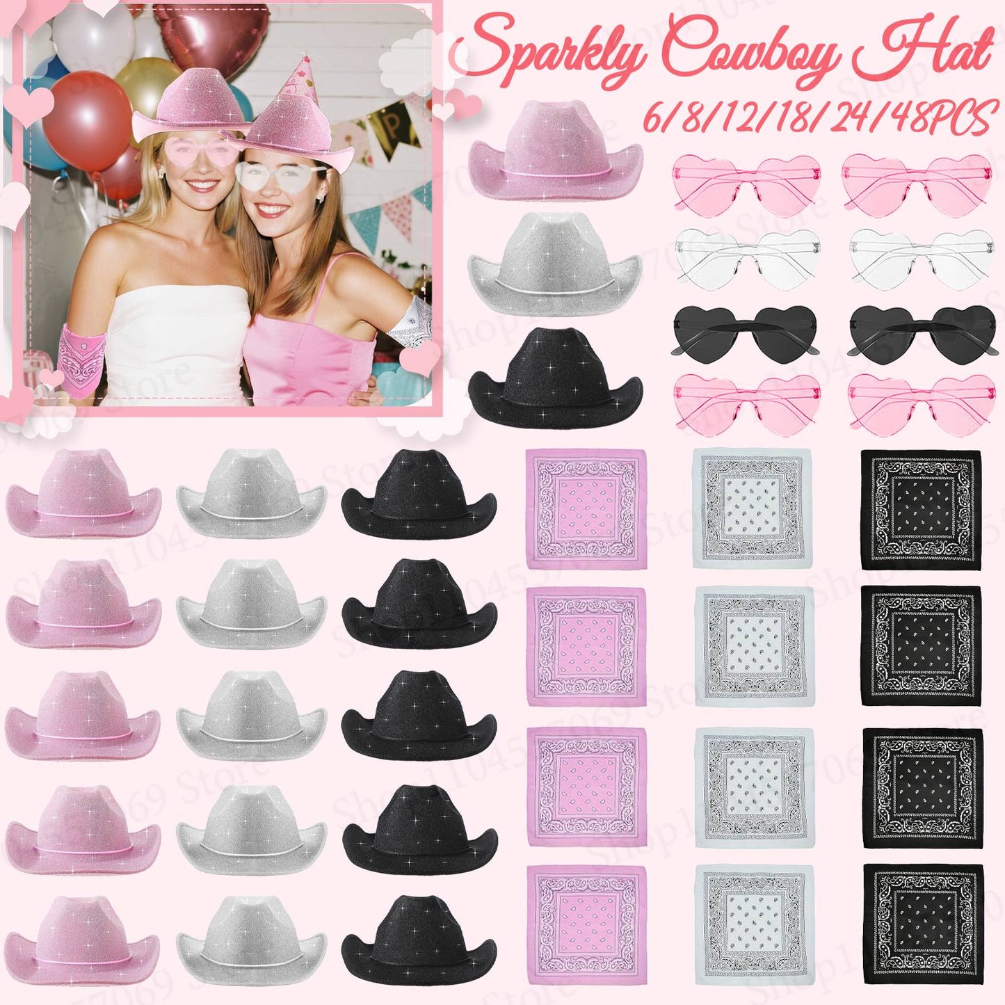 6-48Pcs Sparkly Cowboy Hat for Wedding Bachelorette Party Cowgirl Hats with Bandanas Heart Sunglasses Western Party Supplies