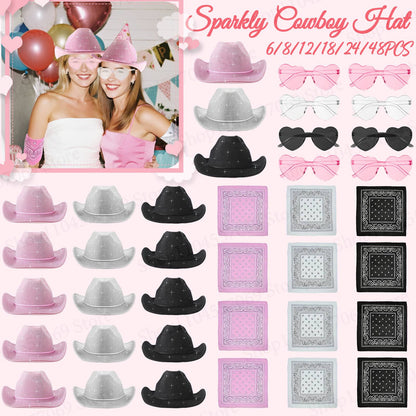 6-48Pcs Sparkly Cowboy Hat for Wedding Bachelorette Party Cowgirl Hats with Bandanas Heart Sunglasses Western Party Supplies