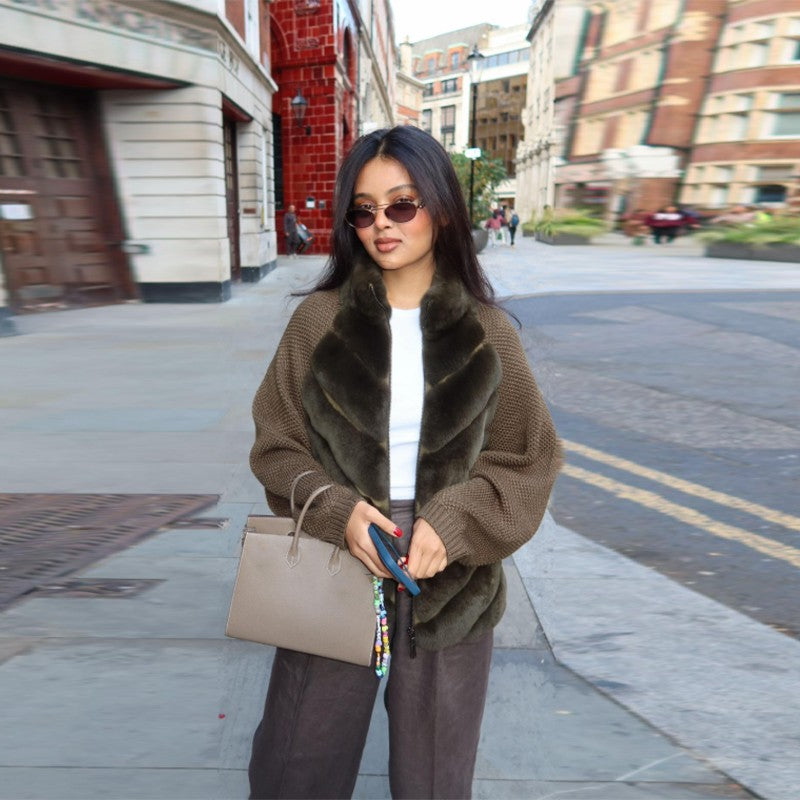 Vintage Faux Fur patchwork Jacket For Women Fashion Design Sense Long Sleeves Casual Coat 2025 Autumn Winter Female Streetwear