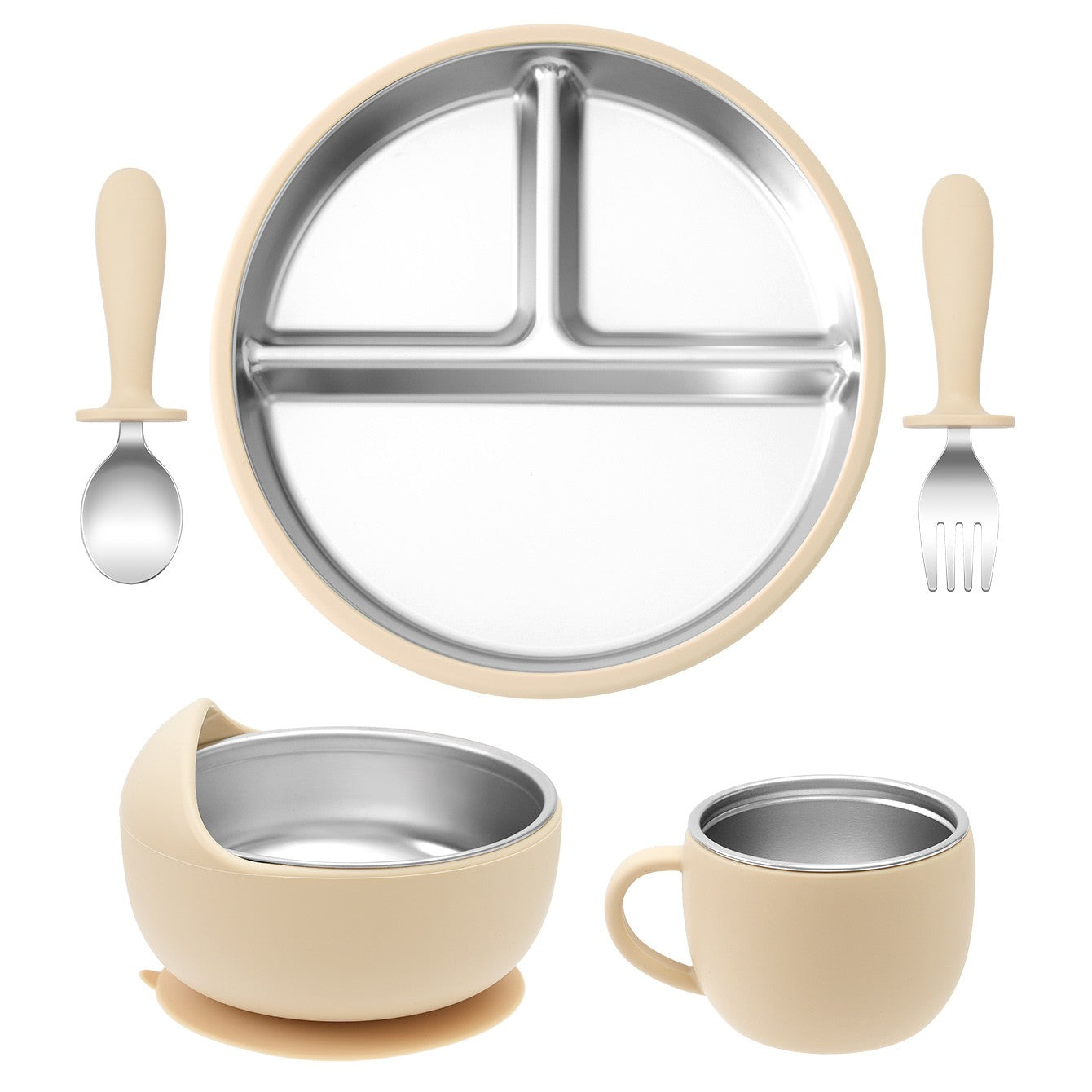 5PCS Stainless Steel Dishes Plate Baby Feeding Set With Detachable Silicone Sucker Bowl BPA Free Infant Fork Spoon Cup Gifts