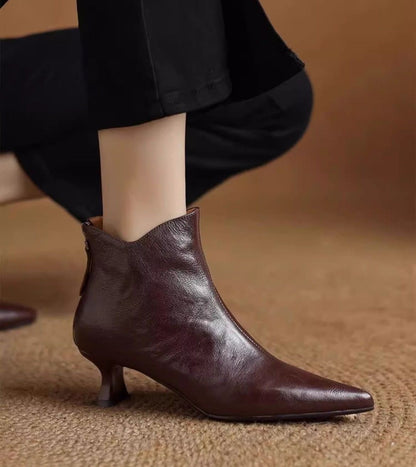 Elegant with Medium Heels Booties Autumn Winter Fleece-Lined Female Short Shoes Pointed Toe Leather Chelsea Women's Ankle Boots